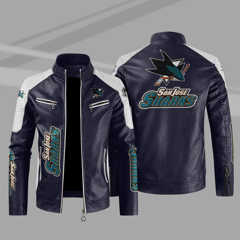 San Jose Sharks Block Blue White Leather Jacket San Jose Sharks Block Blue White Leather Jacket