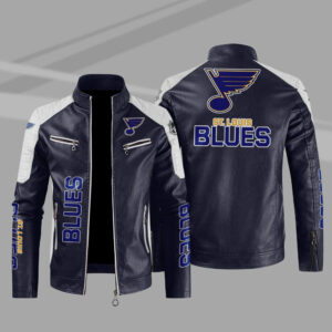 St Louis Blues Block Blue White Leather Jacket