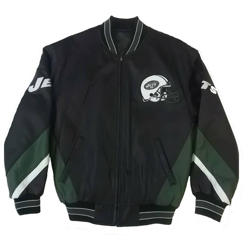 Vtg New York Jets Black Leather Bomber Jacket (1) Vtg New York Jets Black Leather Bomber Jacket