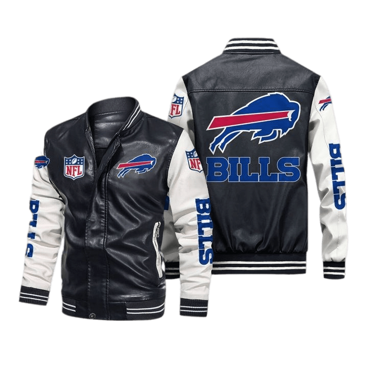 Buffalo Bills Black White Bomber Leather Jacket Buffalo Bills Black White Bomber Leather Jacket