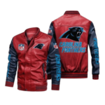 Carolina Panthers Red Navy Bomber Leather Jacket