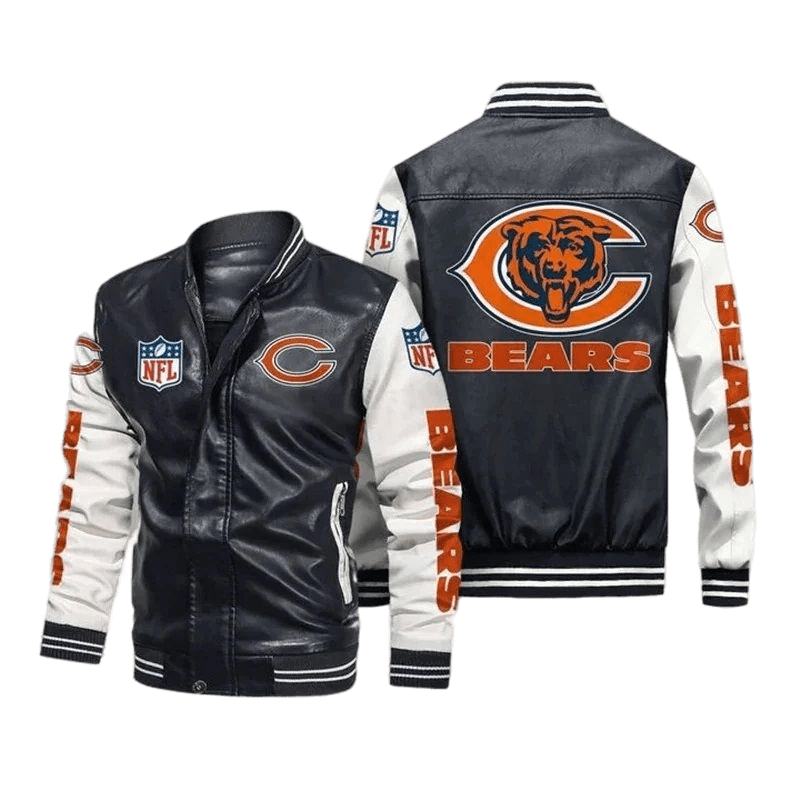 Chicago Bears Black White Bomber Leather Jacket Chicago Bears Black White Bomber Leather Jacket