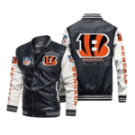 Cincinnati Bengals Black White Bomber Leather Jacket