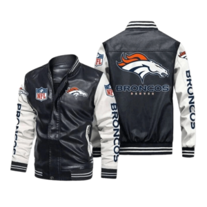 Denver Broncos Black White Bomber Leather Jacket