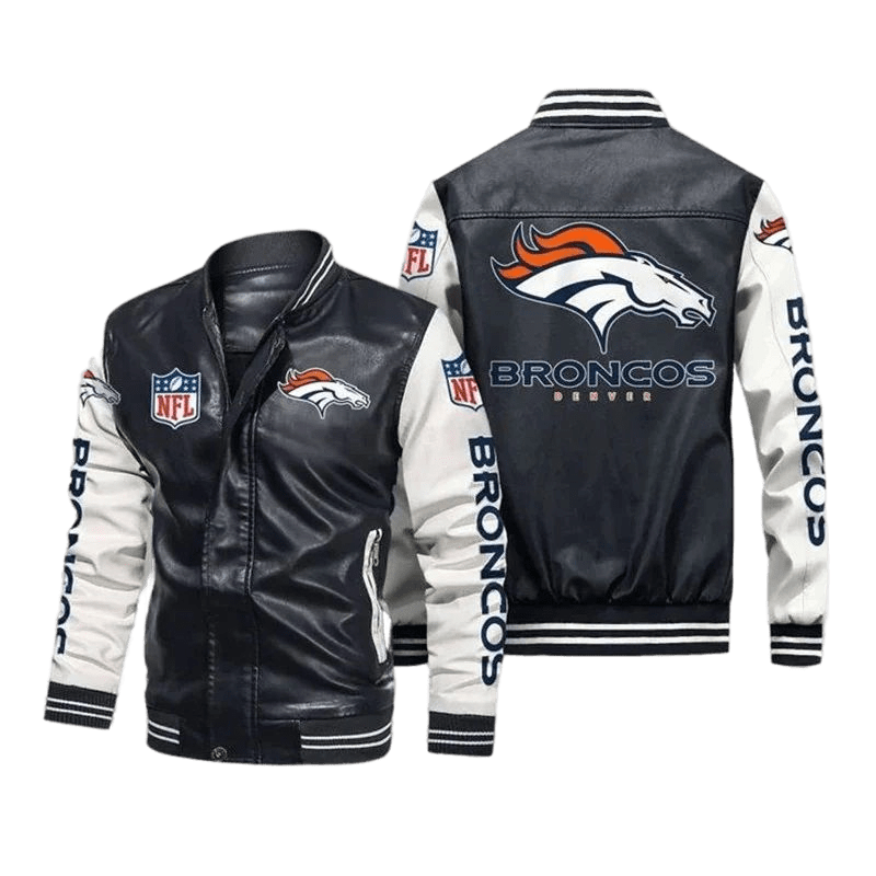 Denver Broncos Black White Bomber Leather Jacket Denver Broncos Black White Bomber Leather Jacket