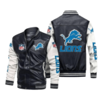 Detroit Lions Black White Bomber Leather Jacket