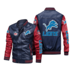 Detroit Lions Navy Red Bomber Leather Jacket