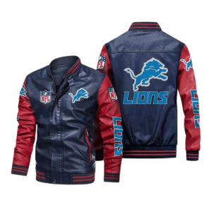 Detroit Lions Navy Red Bomber Leather Jacket