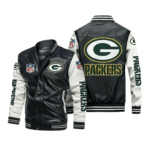 Green Bay Packers Black White Bomber Leather Jacket