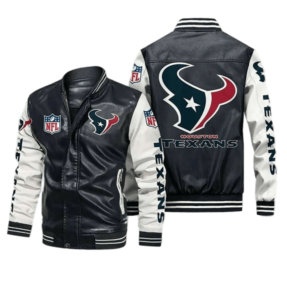 Houston Texans Black White Bomber Leather Jacket Houston Texans Black White Bomber Leather Jacket