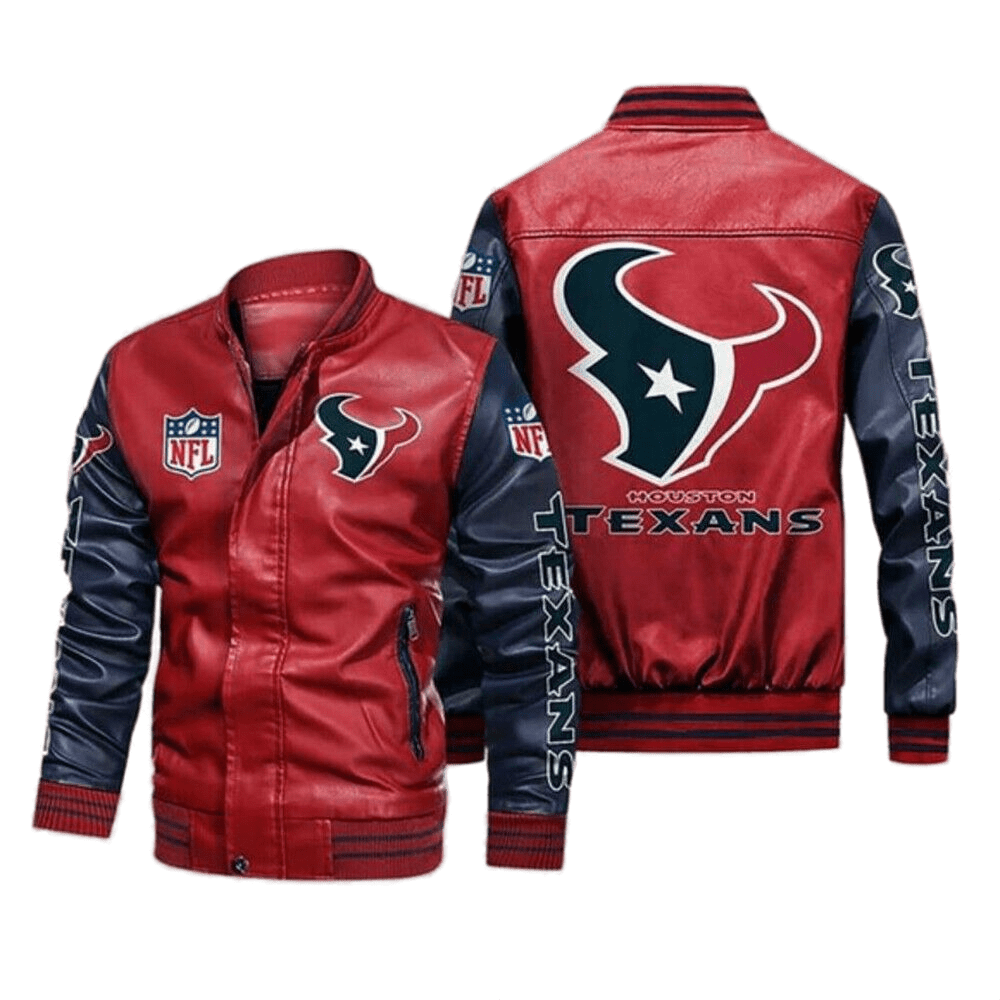 Houston Texans Red Navy Bomber Leather Jacket Houston Texans Red Navy Bomber Leather Jacket