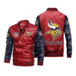 Minnesota Vikings Red Navy Bomber Leather Jacket