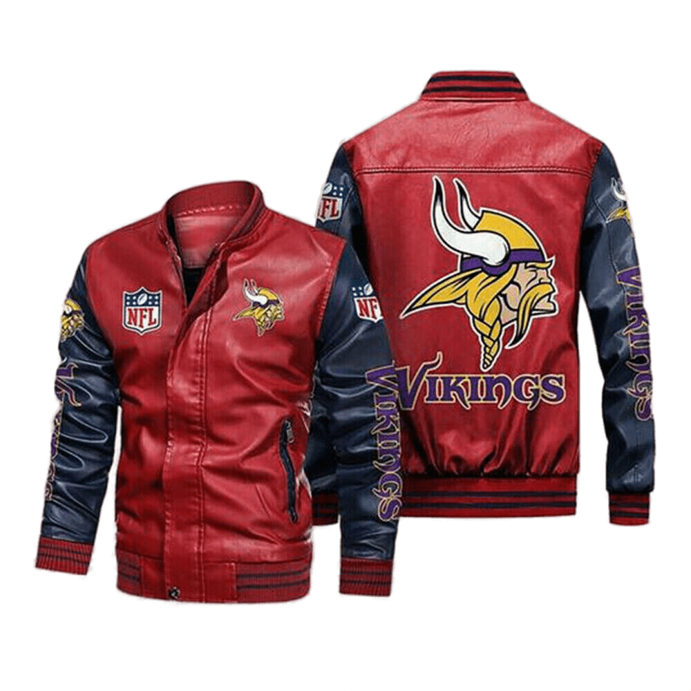 Minnesota Vikings Red Navy Bomber Leather Jacket Minnesota Vikings Red Navy Bomber Leather Jacket