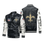 New Orleans Saints Black White Bomber Leather Jacket