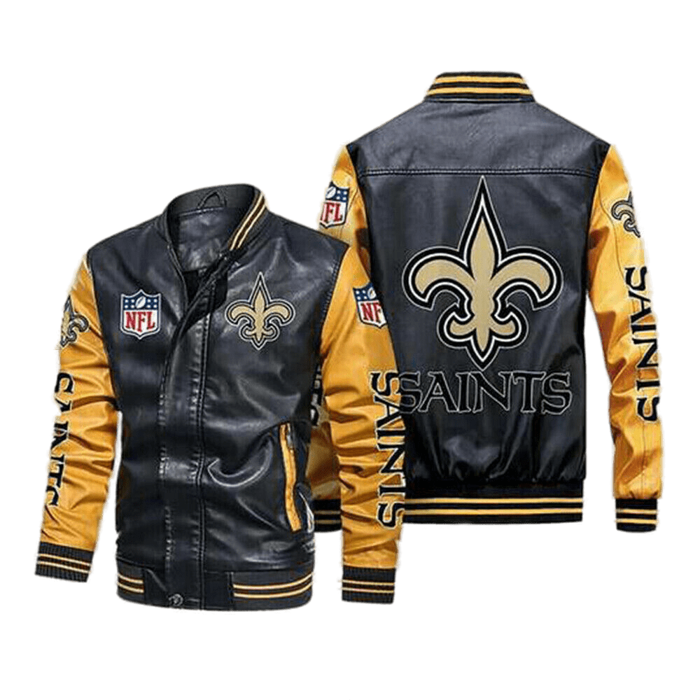 New Orleans Saints Black Yellow Bomber Leather Jacket New Orleans Saints Black Yellow Bomber Leather Jacket