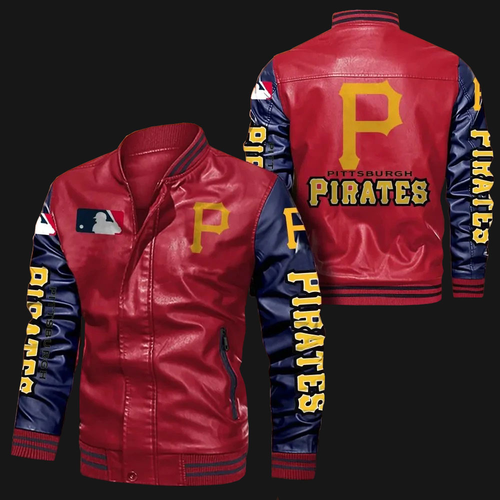 Pittsburgh Pirates Red Navy Bomber Leather Jacket Pittsburgh Pirates Red Navy Bomber Leather Jacket