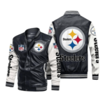 Pittsburgh Steelers Black White Bomber Leather Jacket