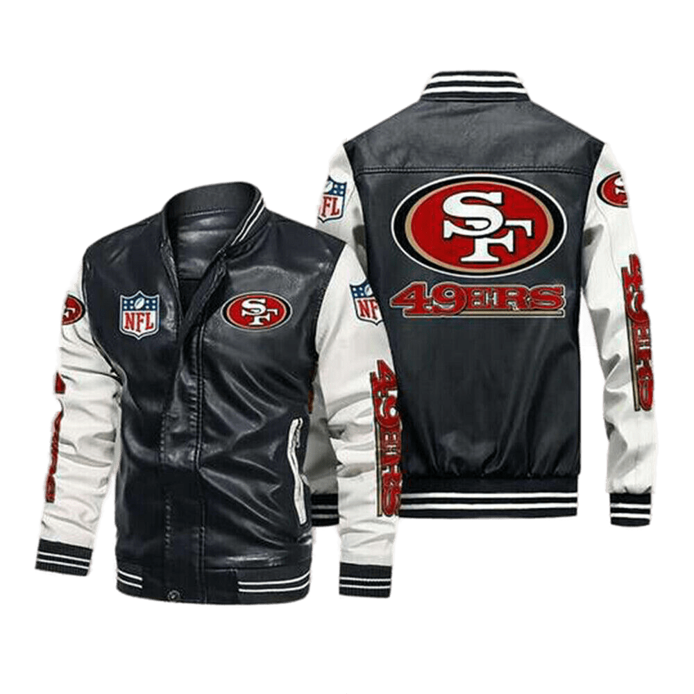 San Francisco 49ers Black White Bomber Leather Jacket - Maker of