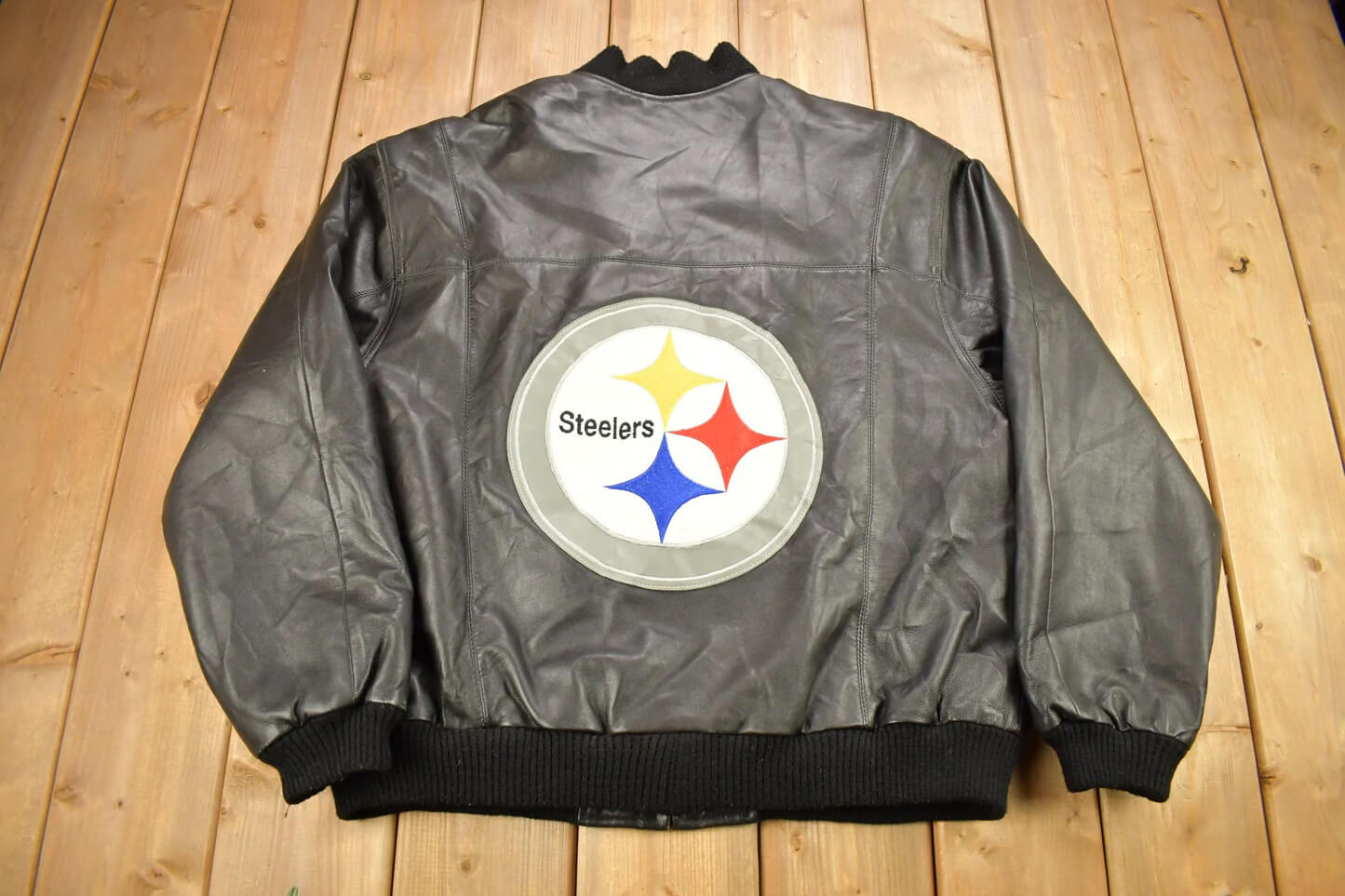 Vtg NFL Pittsburgh Steelers Black Leather Varsity Jacket (1) Vtg NFL Pittsburgh Steelers Black Leather Varsity Jacket