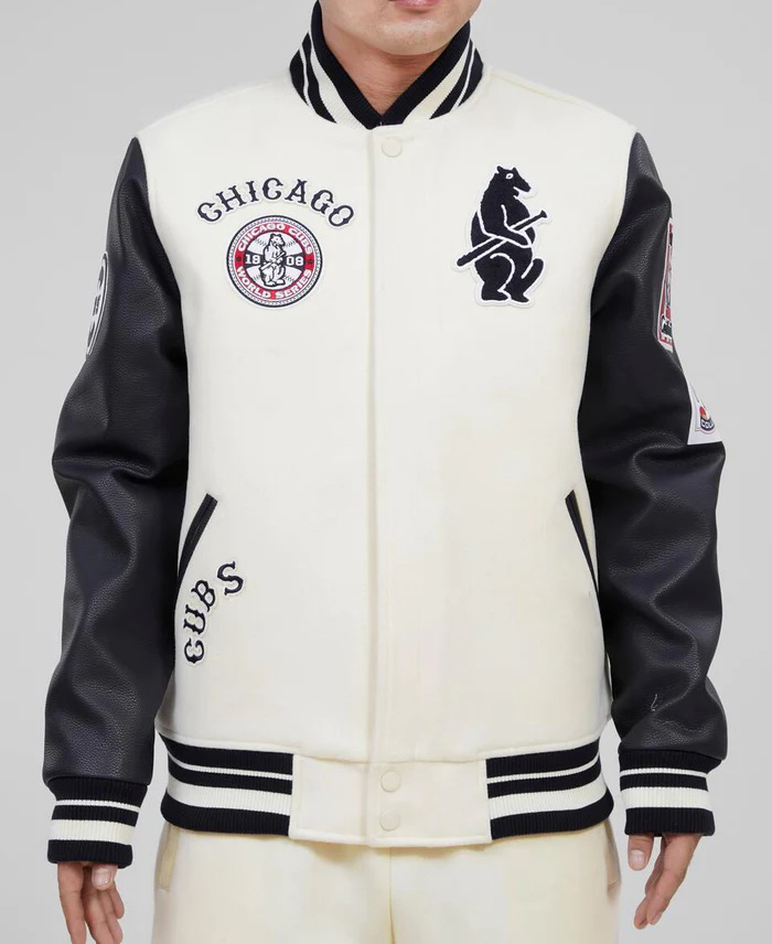 Chicago Cubs MLB Cream Black Varsity Jacket (1) Chicago Cubs MLB Cream Black Varsity Jacket