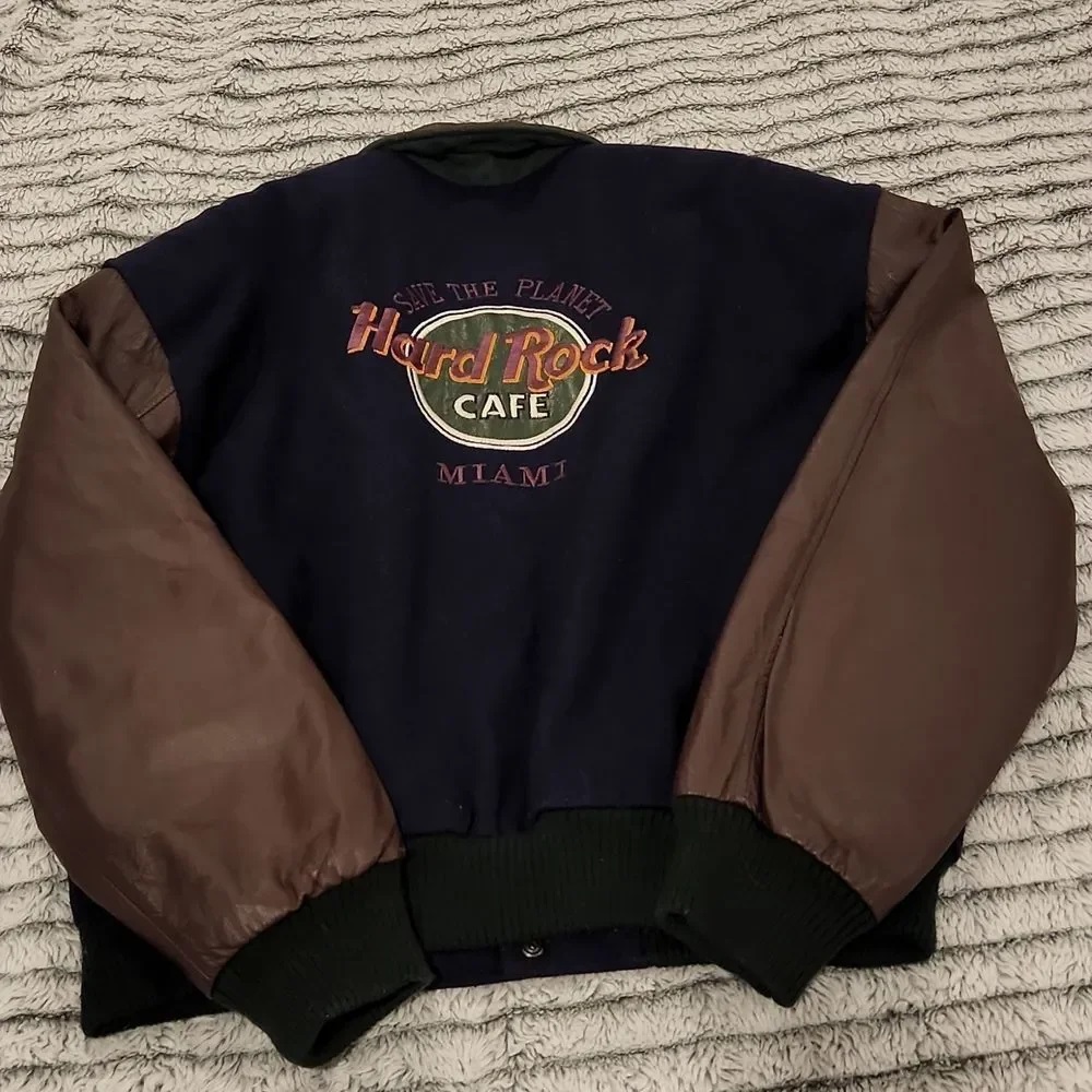Hard Rock Cafe Miami Navy Blue Brown Varsity Jacket (1) Hard Rock Cafe Miami Navy Blue Brown Varsity Jacket