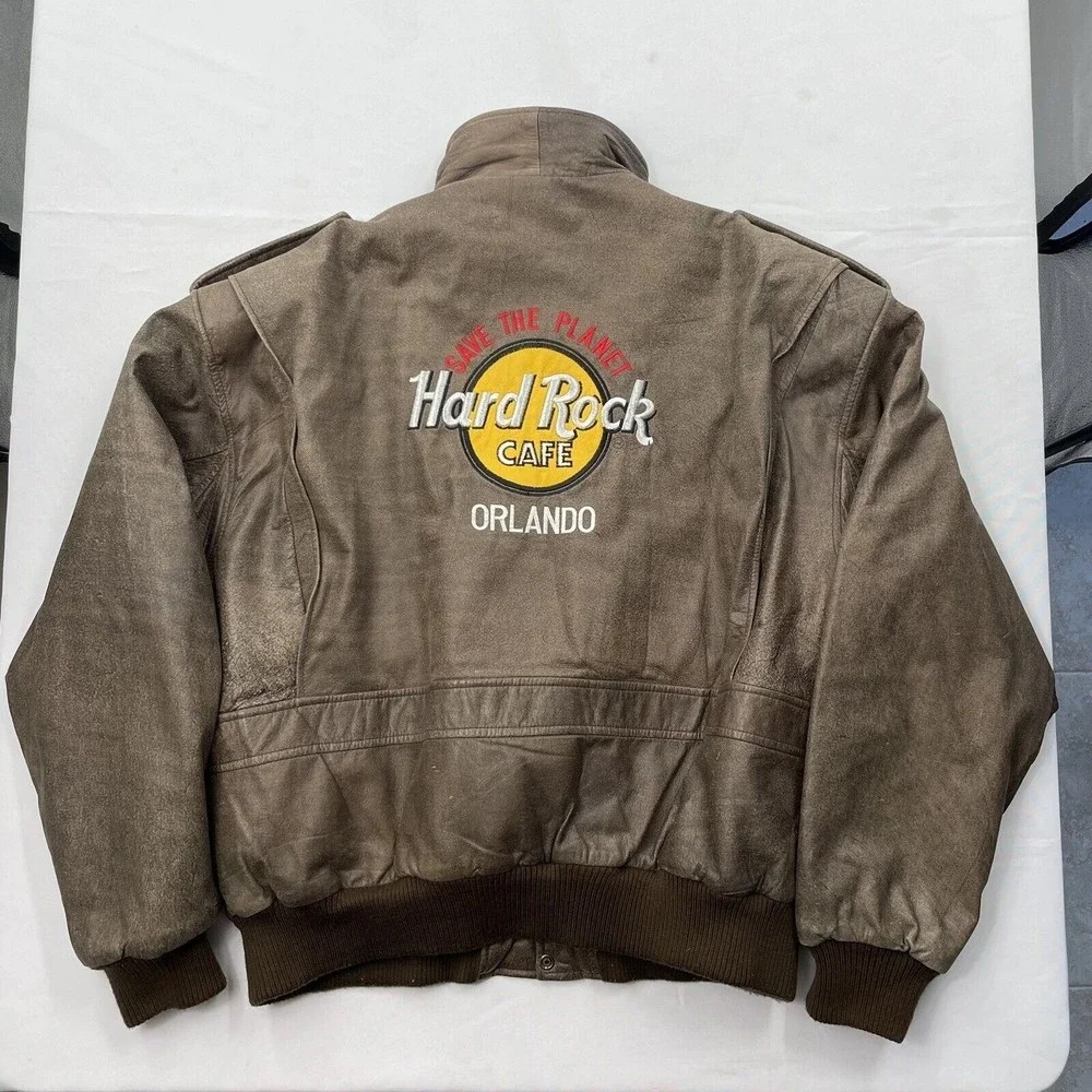 Hard Rock Cafe Orlando Brown Leather Bomber Jacket (1) Hard Rock Cafe Orlando Brown Leather Bomber Jacket