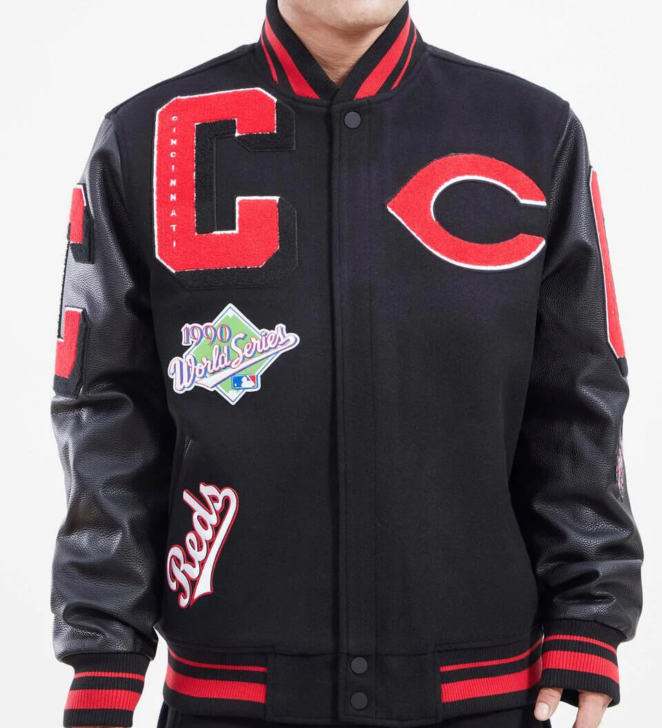 MLB Cincinnati Reds Logo Black Varsity Jacket (1) MLB Cincinnati Reds Logo Black Varsity Jacket