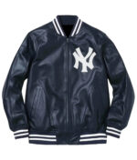 Supreme Yankees Navy Blue Leather Varsity Jacket