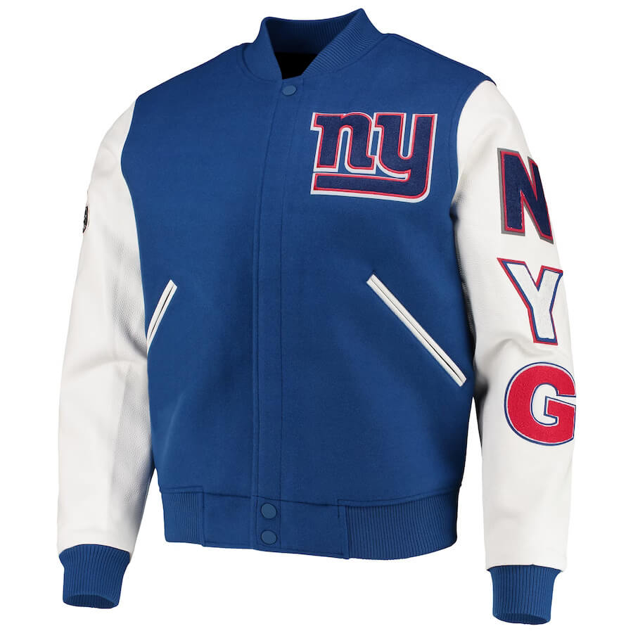 NY Giants NFL Blue And White Varsity Jacket (1) NY Giants NFL Blue And White Varsity Jacket