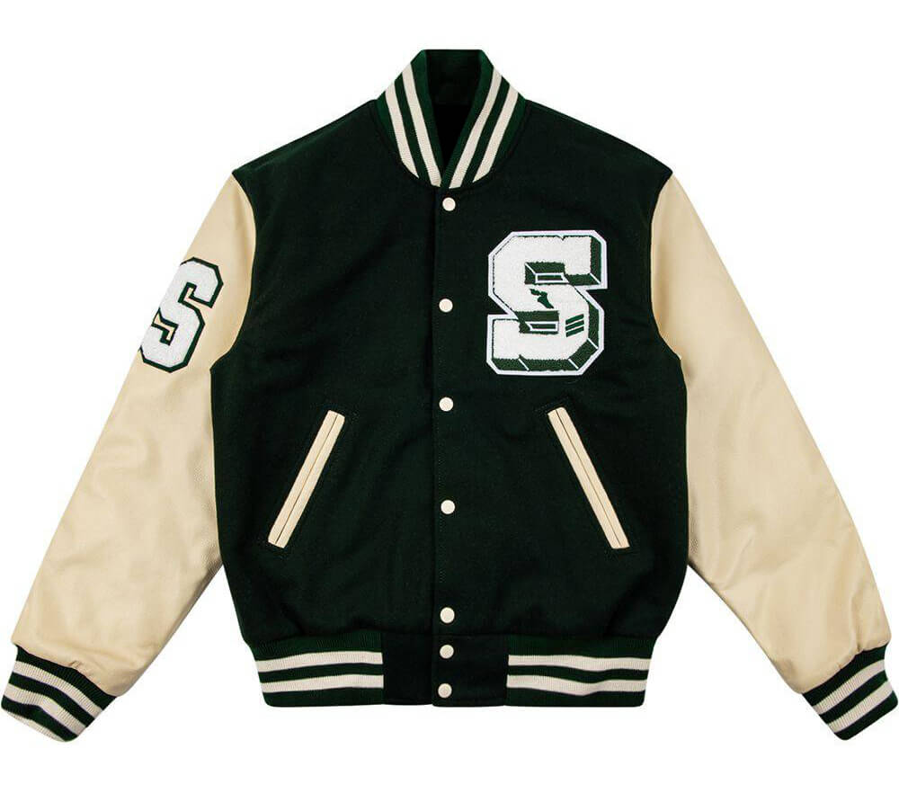 Stadium MMXV Green And Cream Varsity Jacket (1) Stadium MMXV Green And Cream Varsity Jacket