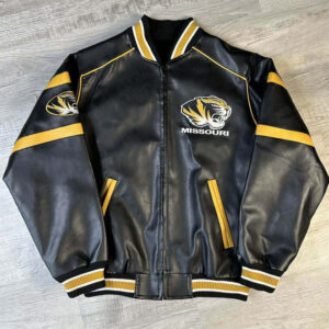front view of missouri tigers leather jacket featuring rib knit collar cuffs and embroidery logos on chest and arm.
