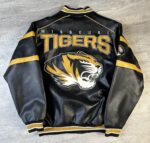 front view of missouri tigers leather jacket featuring rib knit waistband embroidery graphic logos.