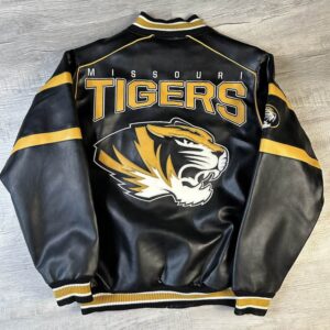 front view of missouri tigers leather jacket featuring rib knit waistband embroidery graphic logos.