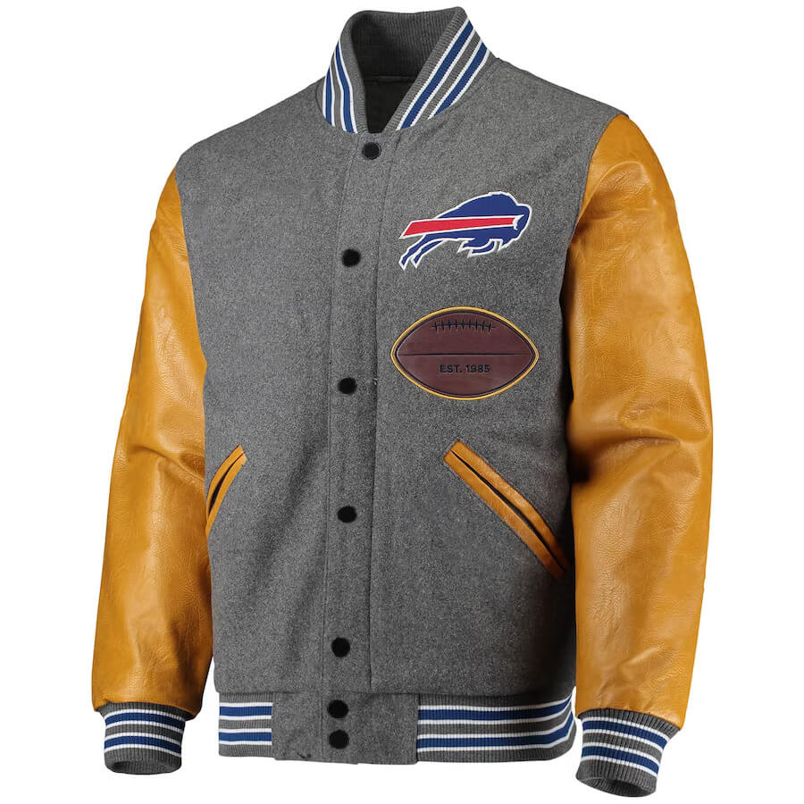 NFL Buffalo Bills Gray And Gold Varsity Jacket (1) NFL Buffalo Bills Gray And Gold Varsity Jacket