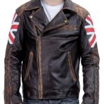 Vintage UK Flag Black Biker Leather Jacket