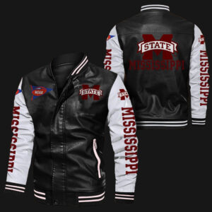 Black White Mississippi State Bulldogs Leather Jacket