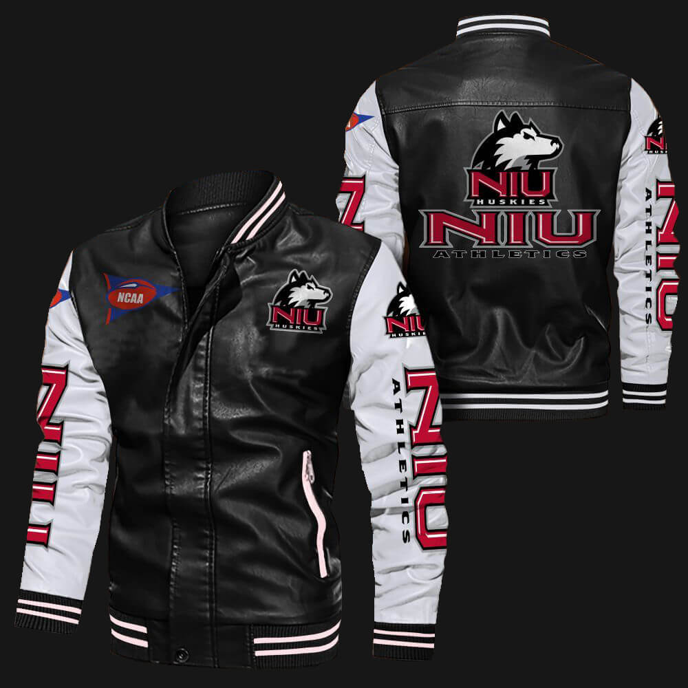 Black White Northern Illinois Huskies Leather Jacket Black White Northern Illinois Huskies Leather Jacket