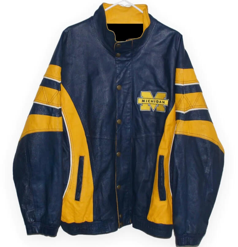 Michigan-Wolverines-Navy-Blue-And-Yellow-Leather-Jacket-(1) Michigan Wolverines Navy Blue And Yellow Leather Jacket