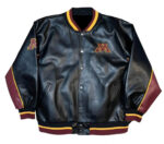 front view of minnesota gophers leather jacket featuring embroidery chest logo, and arm logo