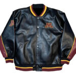 front view of minnesota gophers leather jacket featuring embroidery chest logo, and arm logo