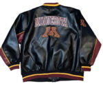 back view of minnesota gophers leather jacket featuring of the normal embroidery spelling logo.