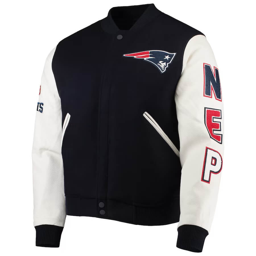 Navy White New England Patriots Logo Varsity Jacket - Maker of Jacket