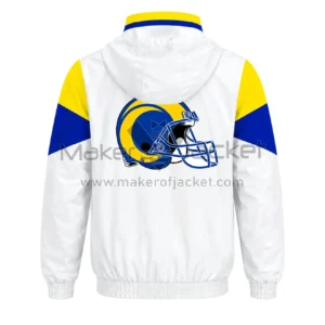 Back View Of Los Angeles Rams Football Jacket Featuring Helmet Logo with elastic cuffs and waistband.