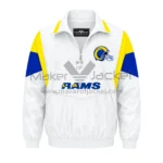 Front View oF Los Angeles Rams Football Jacket Featuring Zip-Up Closure With Removable Hooded Collar with Helmet Logo with spell on Front.