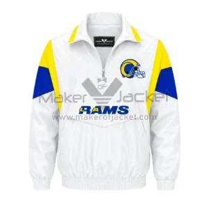 Front View oF Los Angeles Rams Football Jacket Featuring Zip-Up Closure With Removable Hooded Collar with Helmet Logo with spell on Front.