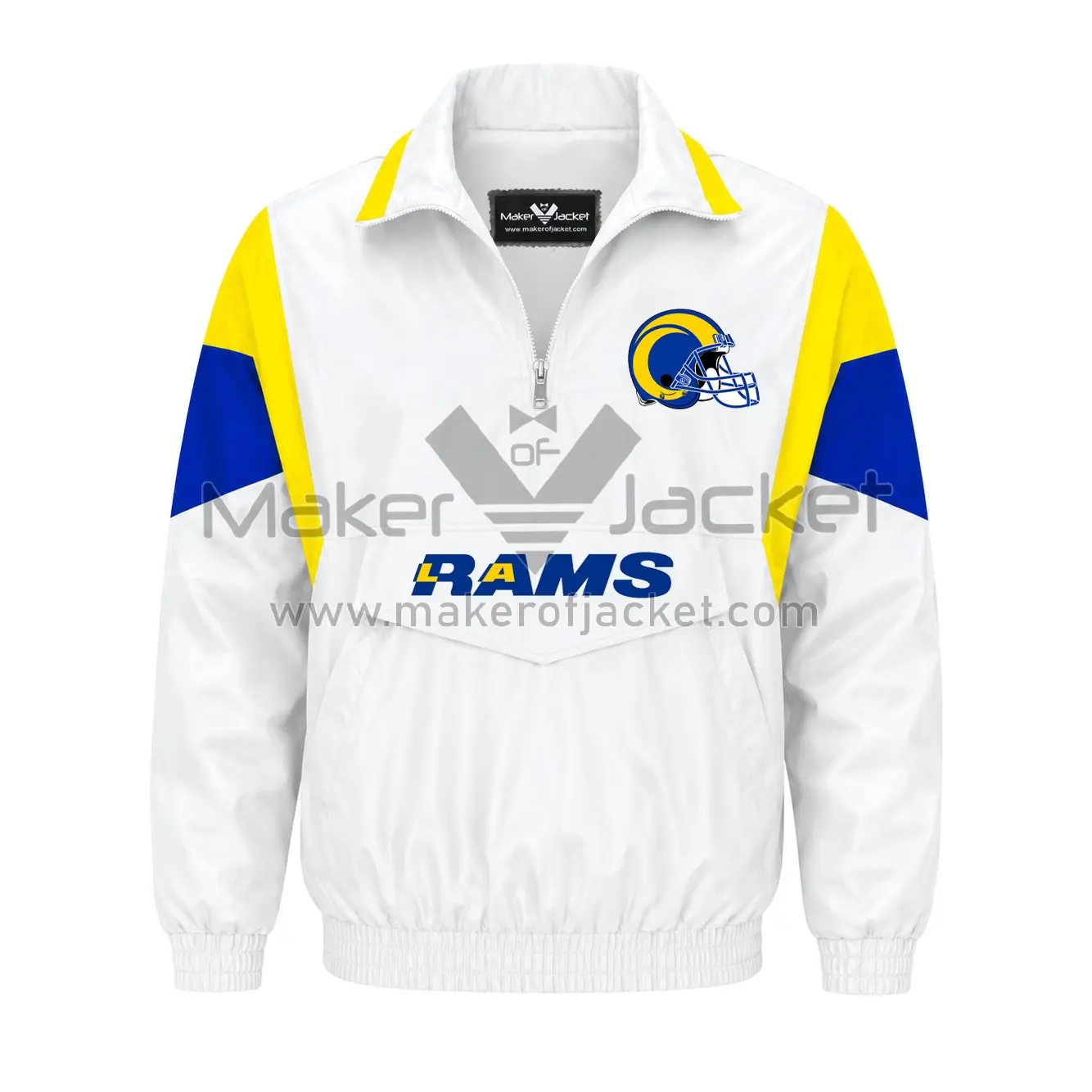 wm-Los-Angeles-Rams-Football-Jacket-Front-Image Front View oF Los Angeles Rams Football Jacket Featuring Zip-Up Closure With Removable Hooded Collar with Helmet Logo with spell on Front.