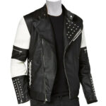 Black White Silver Studded Biker Leather Jacket