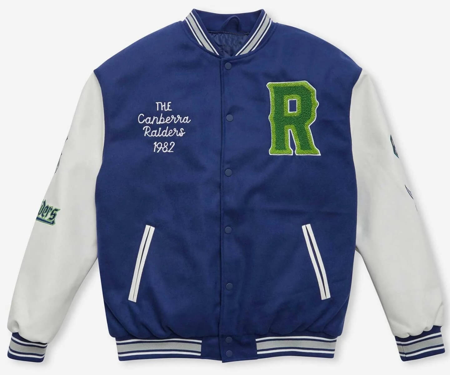 Canberra Raiders NRL 2023 Blue White Varsity Jacket (1) Canberra Raiders NRL 2023 Blue White Varsity Jacket