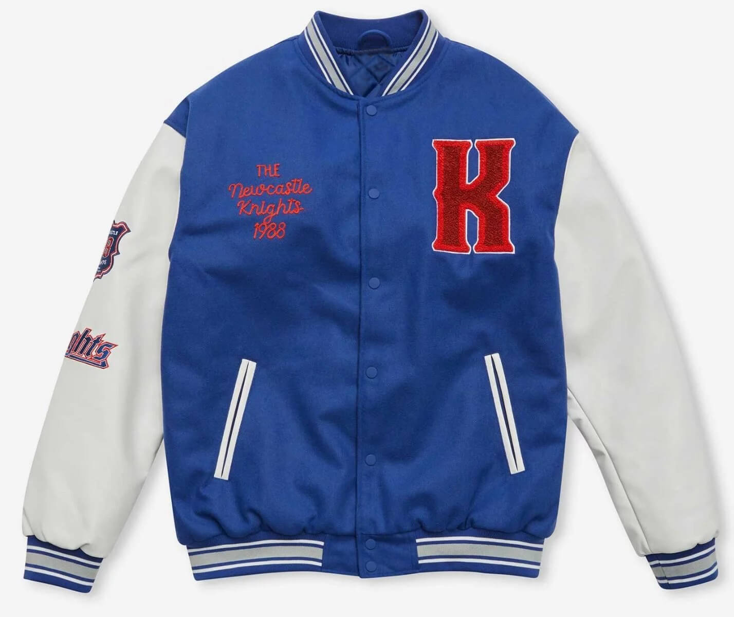 Newcastle Knights 2023 NRL Blue White Varsity Jacket (2) Newcastle Knights 2023 NRL Blue White Varsity Jacket