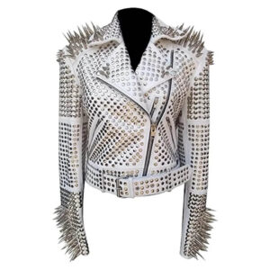 White Punk Silver Long Spiked Studded Leather Jacket